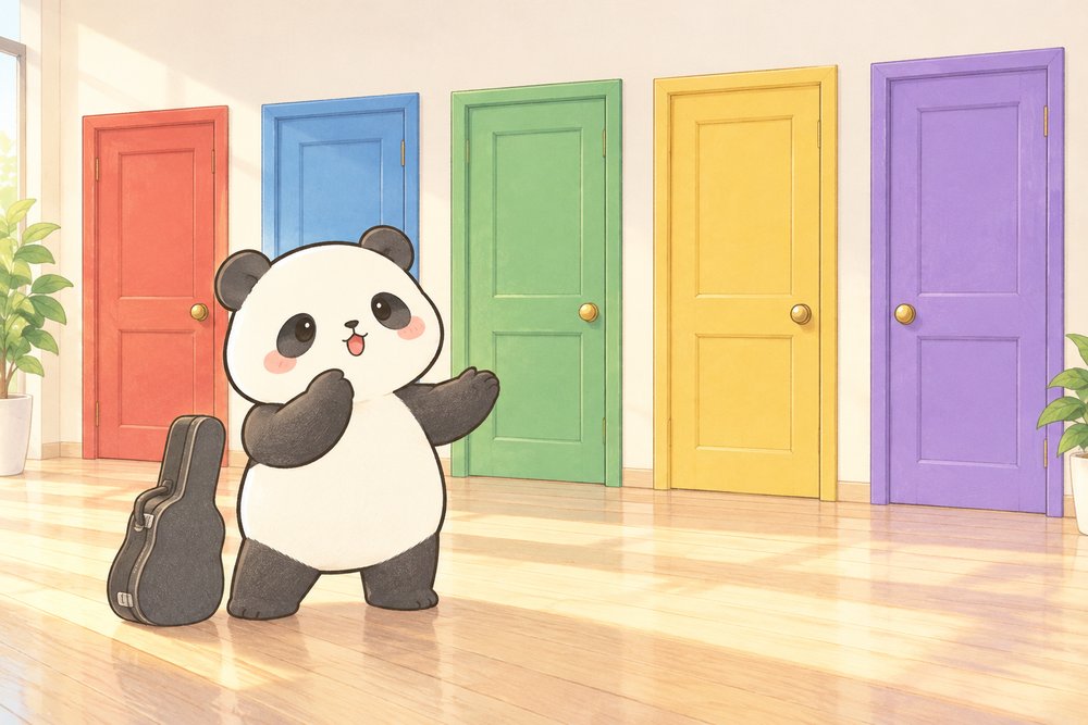 5つの色違いのドアの前でどれにするか迷うパンダのナビ助