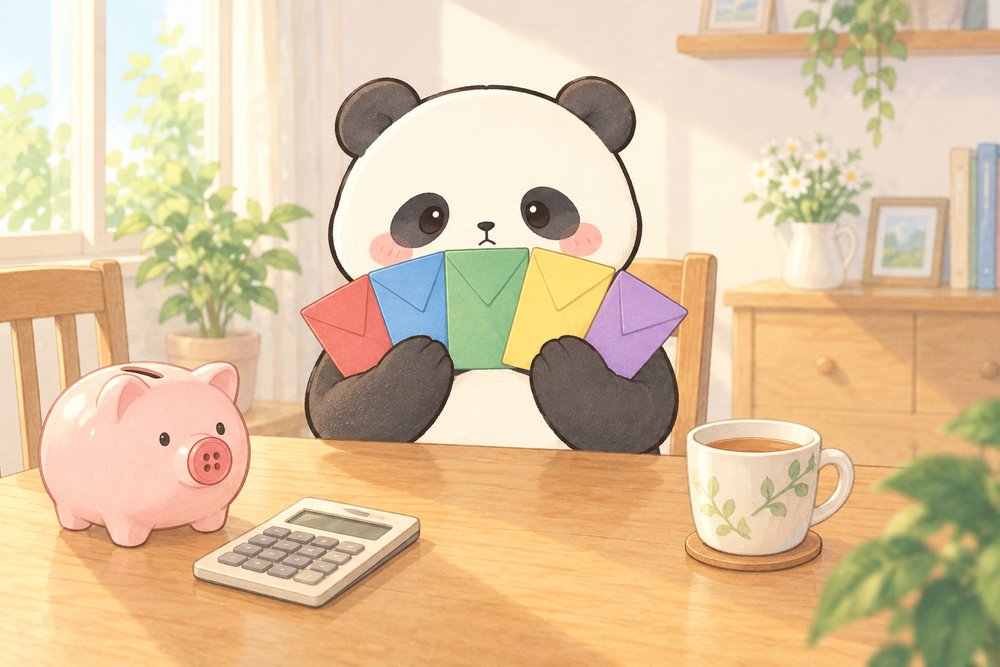 5色の封筒を扇状に広げて見比べるパンダのナビ助