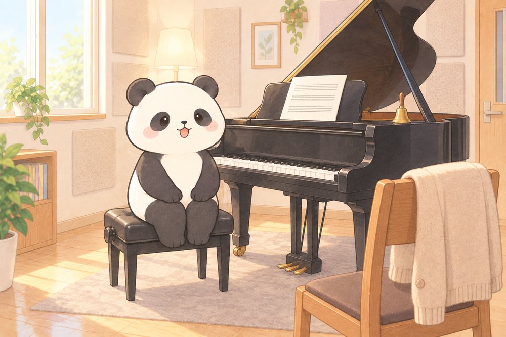 レッスン室でまっすぐ向き合うパンダのナビ助