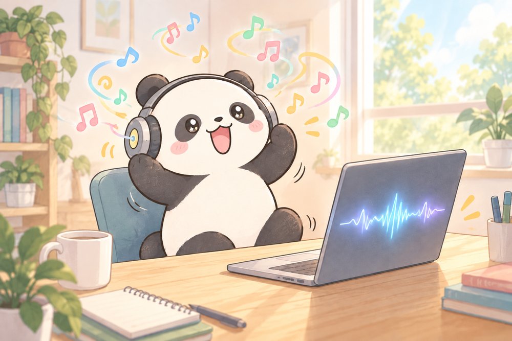 ヘッドホンで音楽を聴いてノリノリのパンダのナビ助