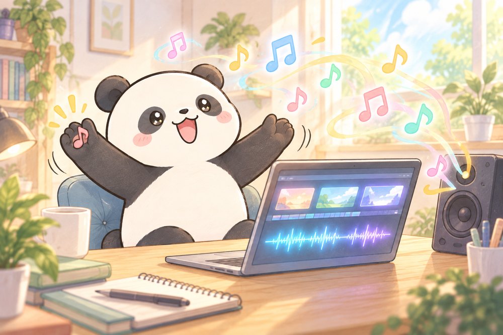 音符をつかまえようと両手をひろげるパンダのナビ助