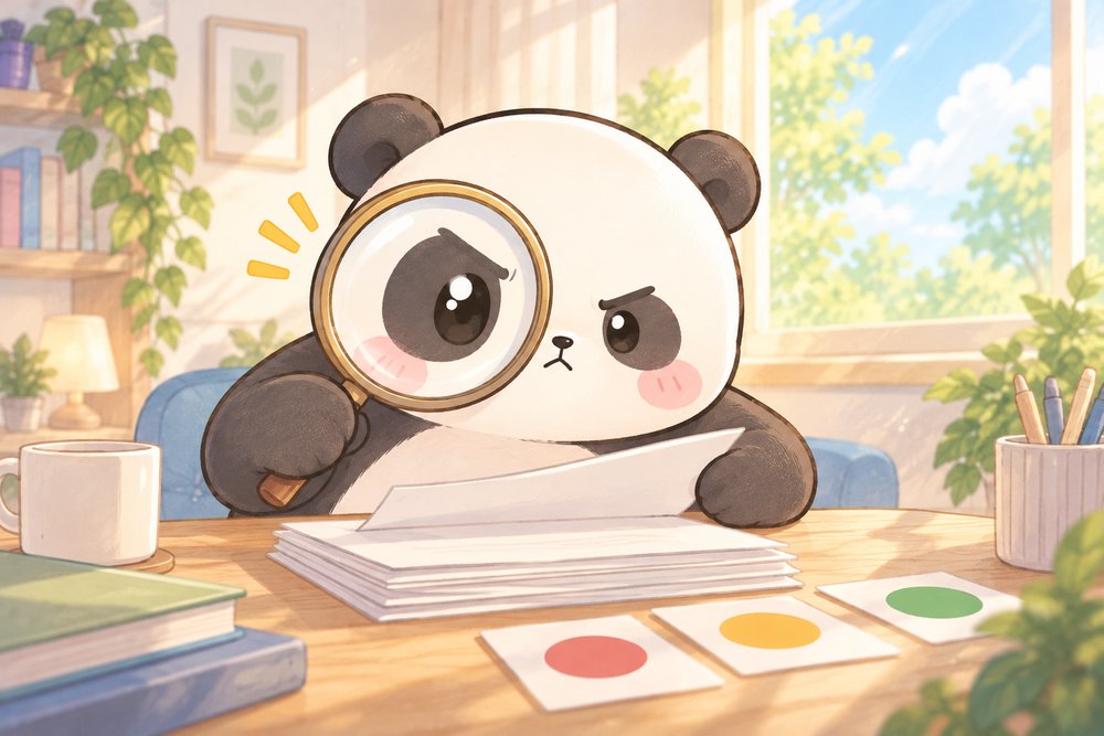 虫めがねで規約書類を確かめるパンダのナビ助