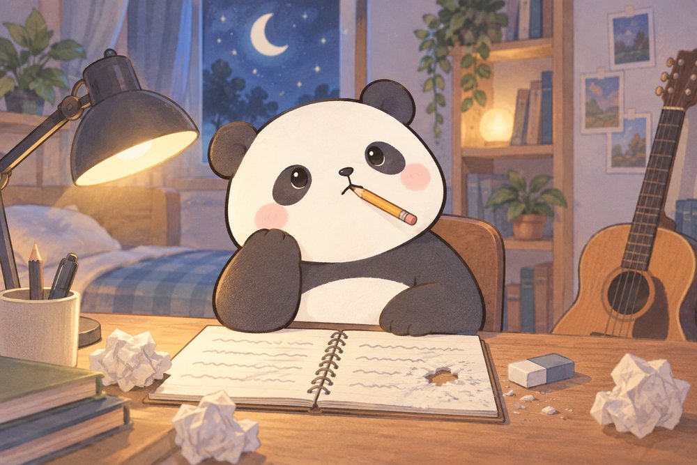 夜の机で歌詞を書きながら消しゴムでノートに穴をあけてしまうパンダ
