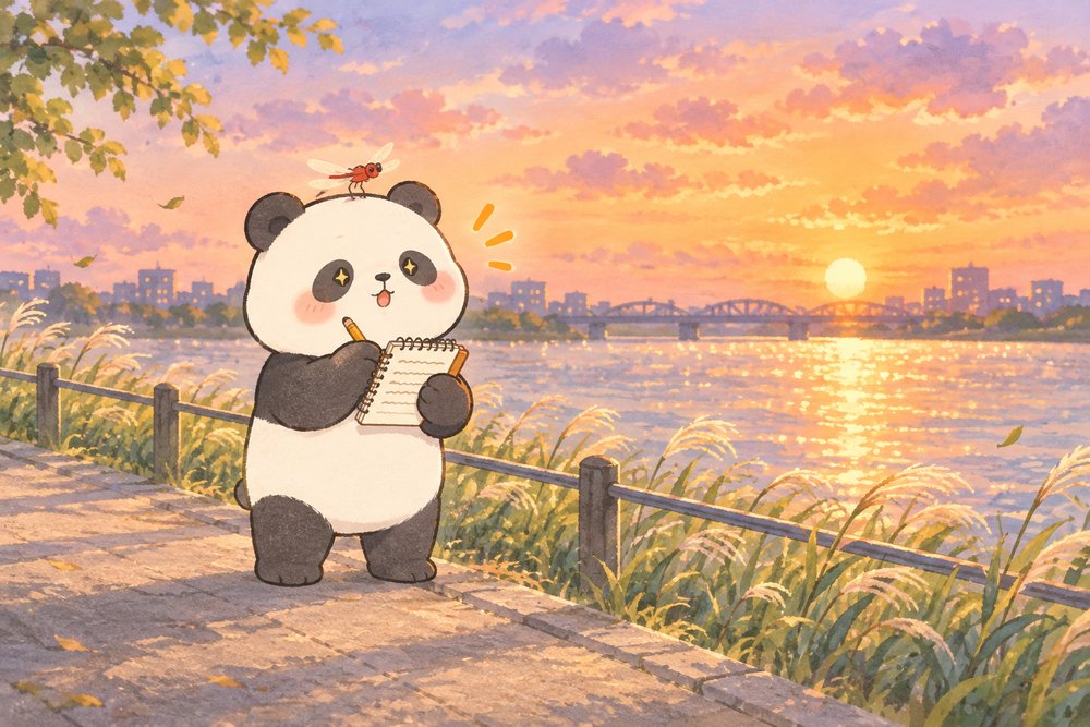 夕暮れの河原でノートに歌詞のメモをとるパンダ