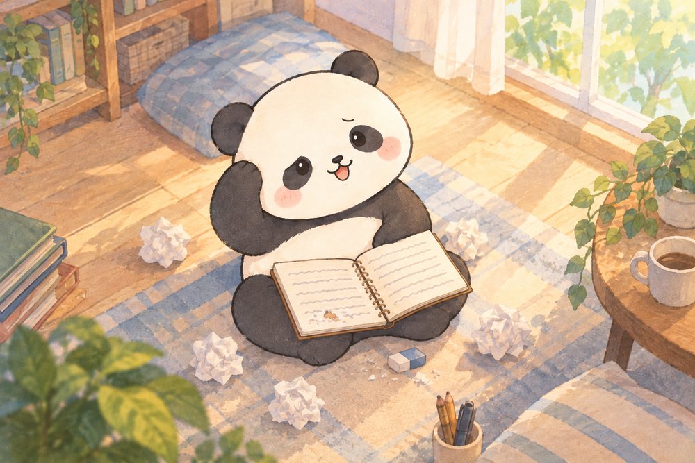 書きかけの歌詞を読み返して首をかしげるパンダ