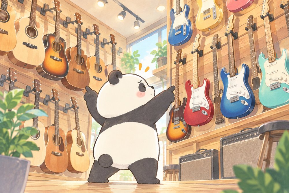 楽器屋さんでアコギとエレキのどちらにするか迷うパンダのナビ助
