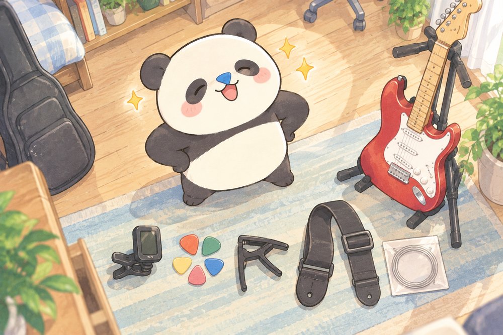 ギターを始めるためのアイテムを並べて胸をはるパンダのナビ助