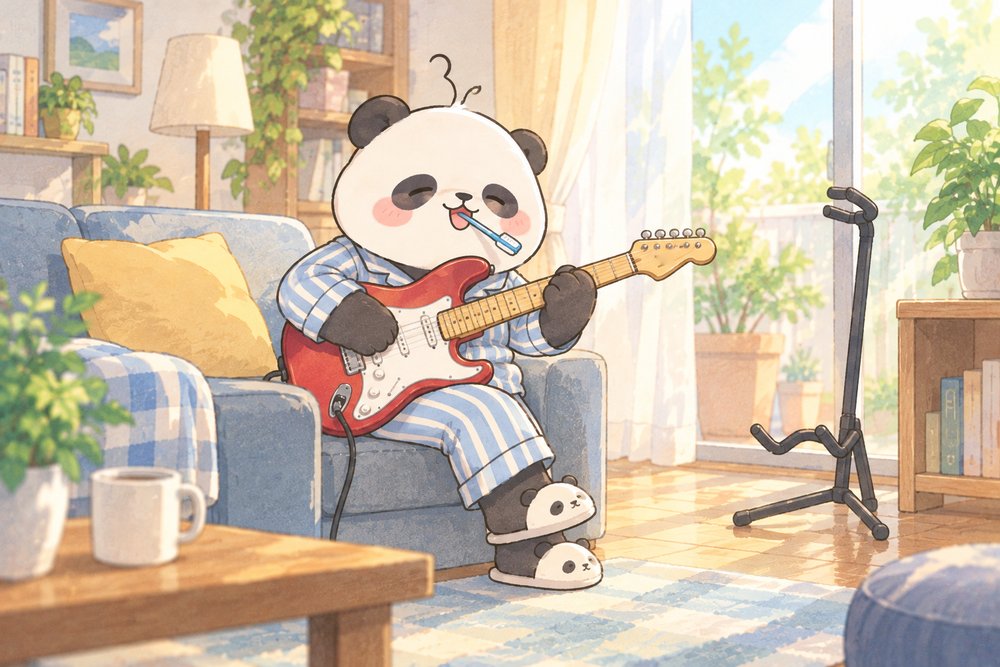 朝起きてすぐパジャマのままギターを弾くパンダのナビ助