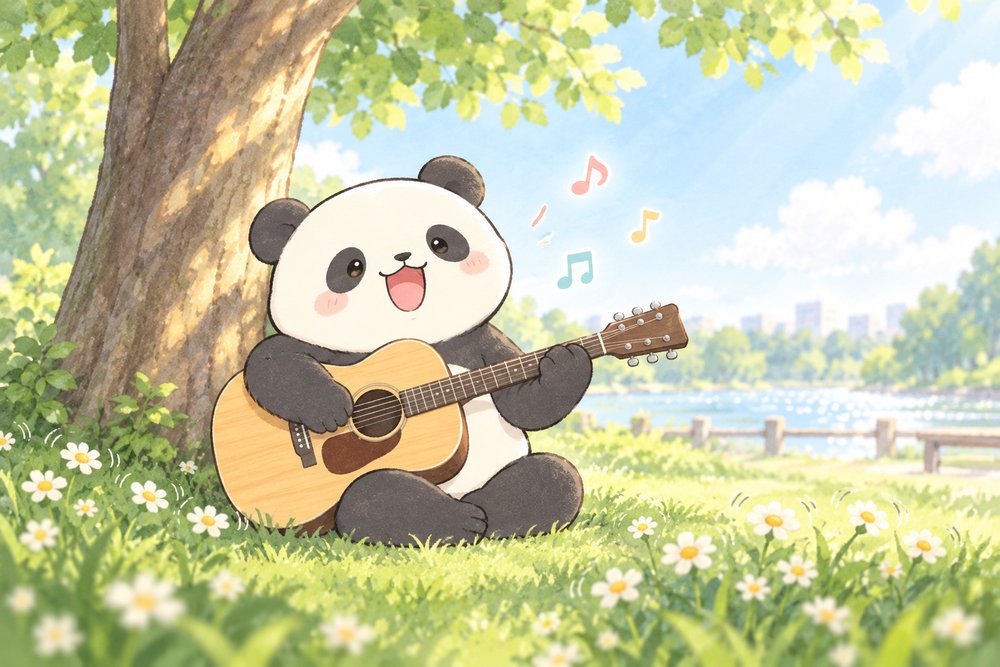 公園の木の下でのびのび弾き語りするパンダのナビ助