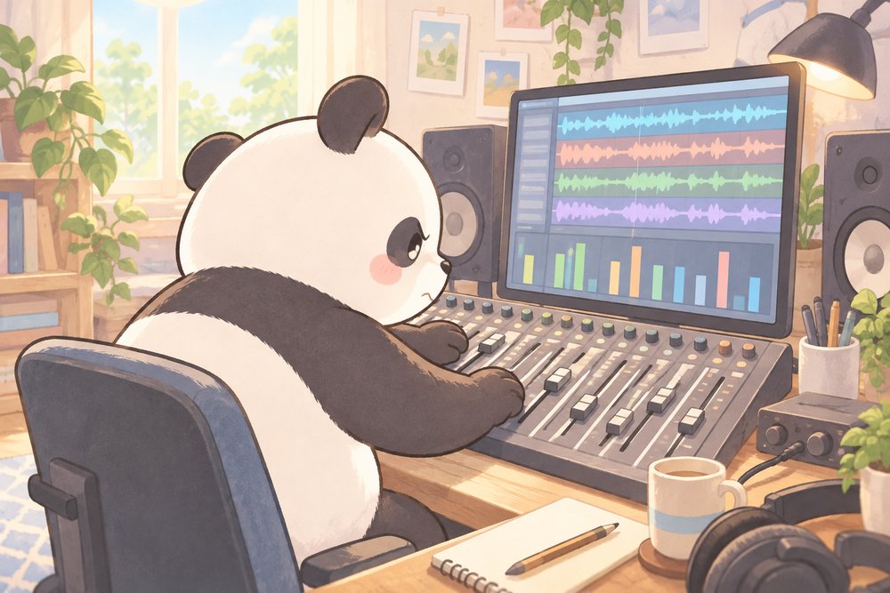 ミキサーのフェーダーで音量を整えるパンダのナビ助