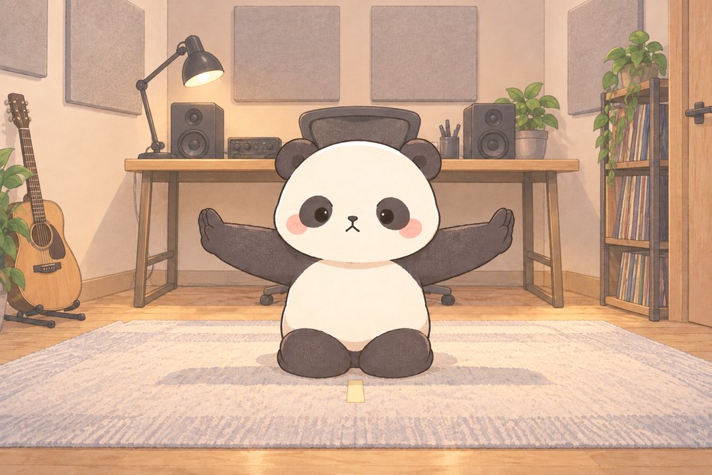 スピーカーの位置を確かめて正座するパンダのナビ助