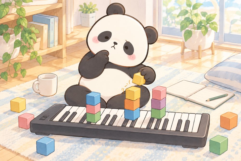 積み木で和音の組み立てを考えるパンダのナビ助