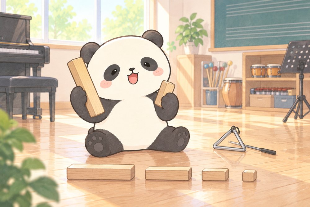 長さの違う積み木を見比べるパンダのナビ助