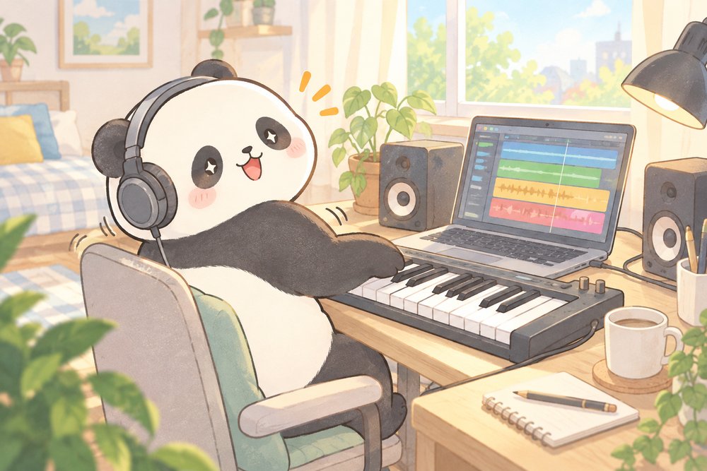 MIDIキーボードでノリノリに曲を作るパンダのナビ助