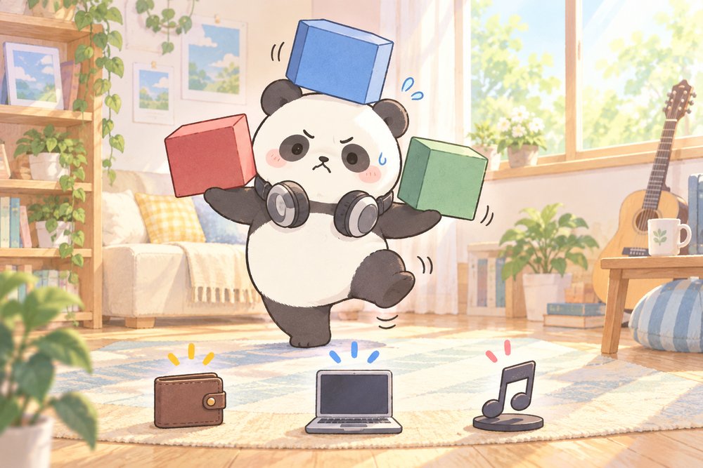3つのソフトの箱を持ってバランスをとるパンダのナビ助