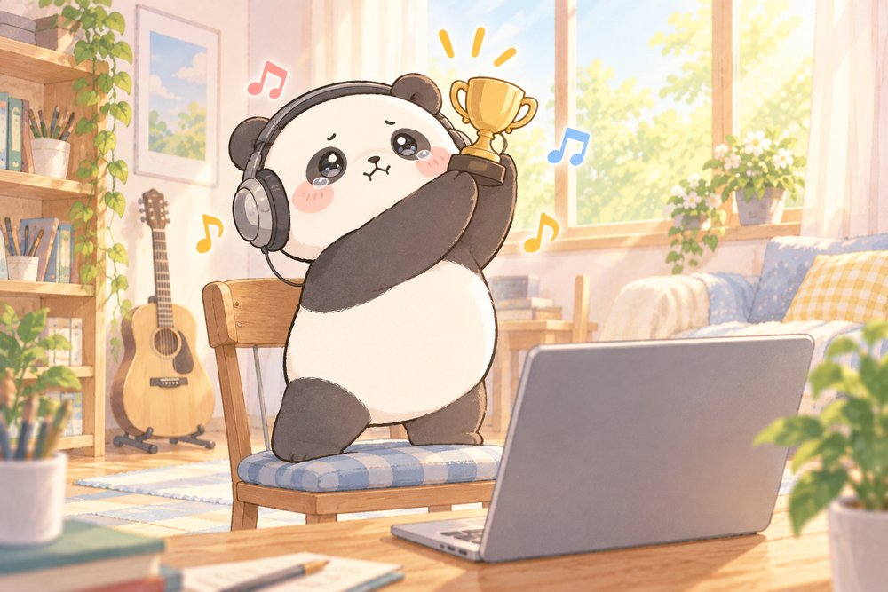 曲が完成して自分にトロフィーを贈るパンダのナビ助