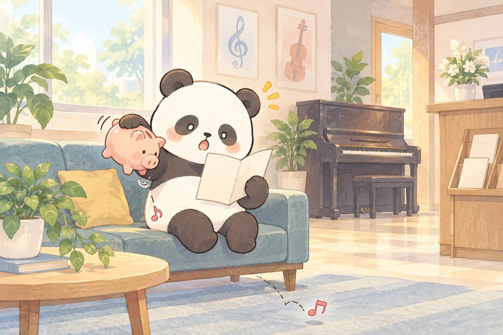 貯金箱を揺すりながらパンフレットを眺めるパンダ