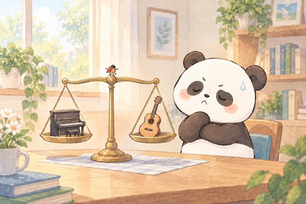 天秤にのせたピアノとギターを見比べて悩むパンダ