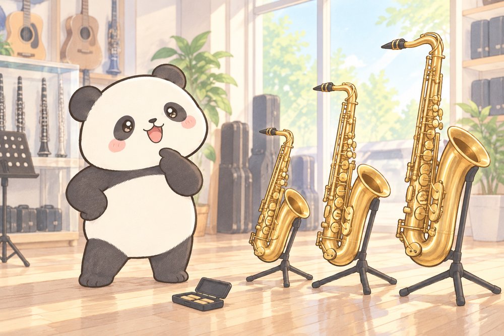 大きさの違う3本のサックスを見上げて選ぶパンダのナビ助