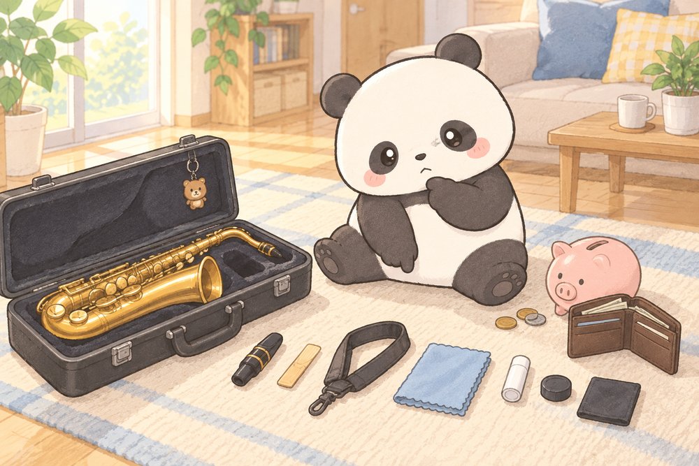 サックスの付属品を並べて必要なものを確かめるパンダのナビ助