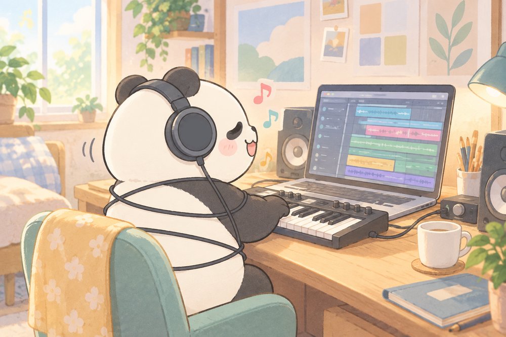 ヘッドホンをつけてPCで曲作りをするパンダのナビ助