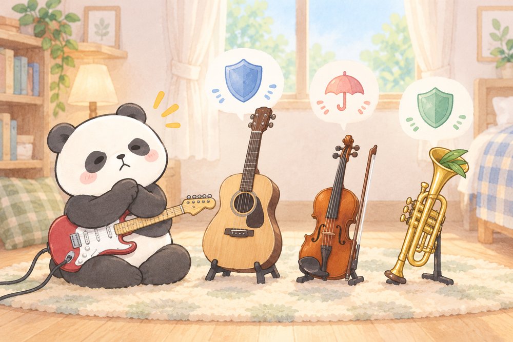 楽器の補償の種類を考えるパンダのナビ助
