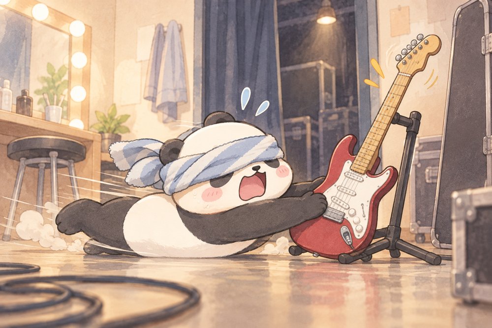 落ちそうなギターにスライディングキャッチするパンダのナビ助