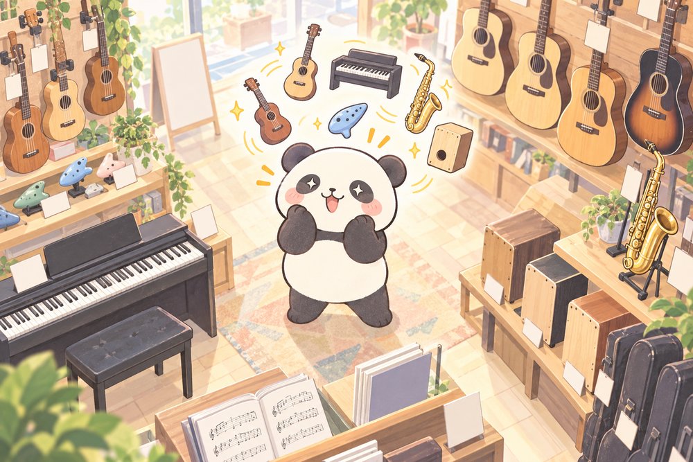 楽器店でどの楽器にするか目移りするナビ助