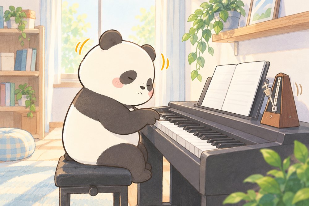 メトロノームに合わせてピアノを練習するパンダのナビ助