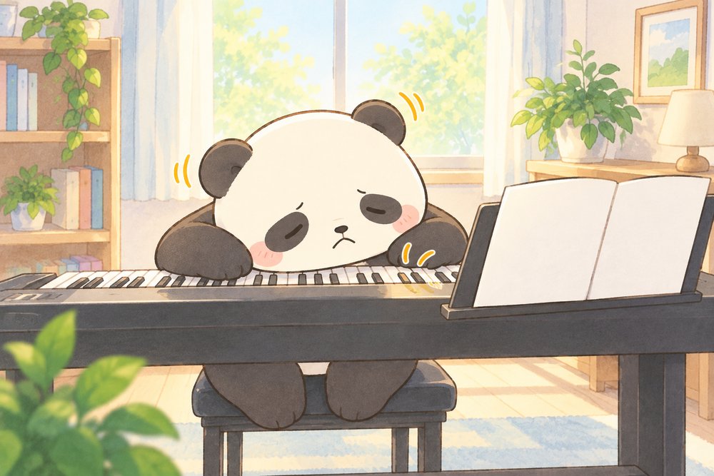 うまく弾けず鍵盤に頭をのせるパンダのナビ助