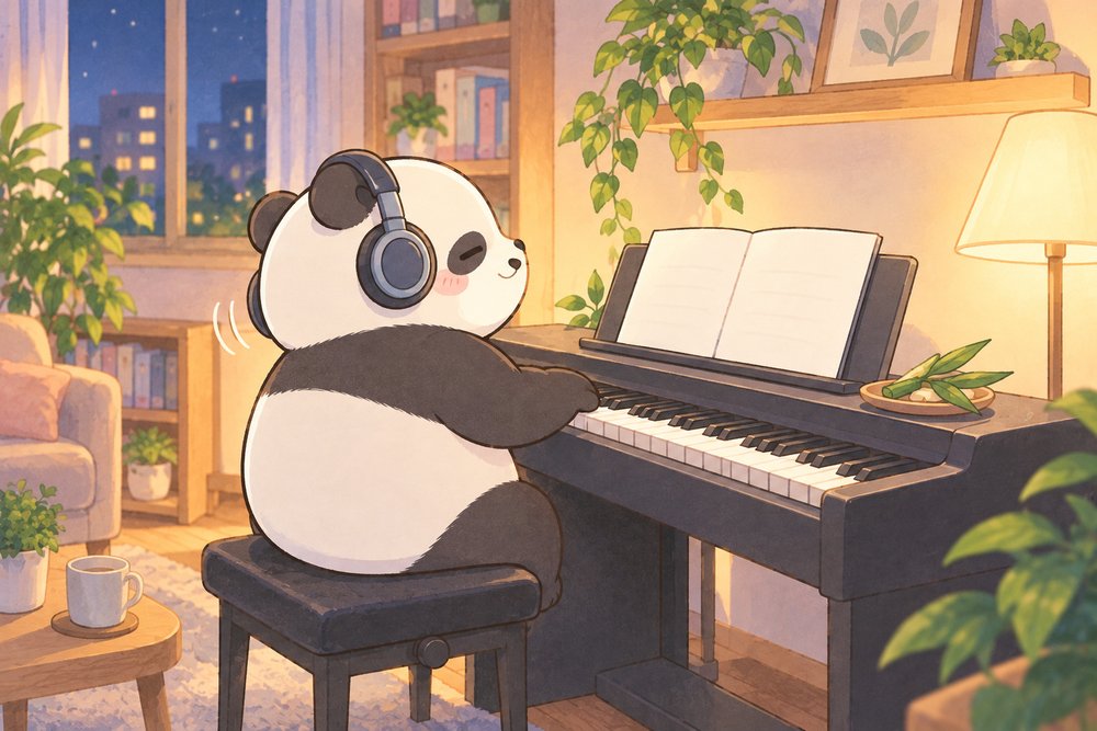 夜にヘッドホンで電子ピアノを弾くパンダのナビ助