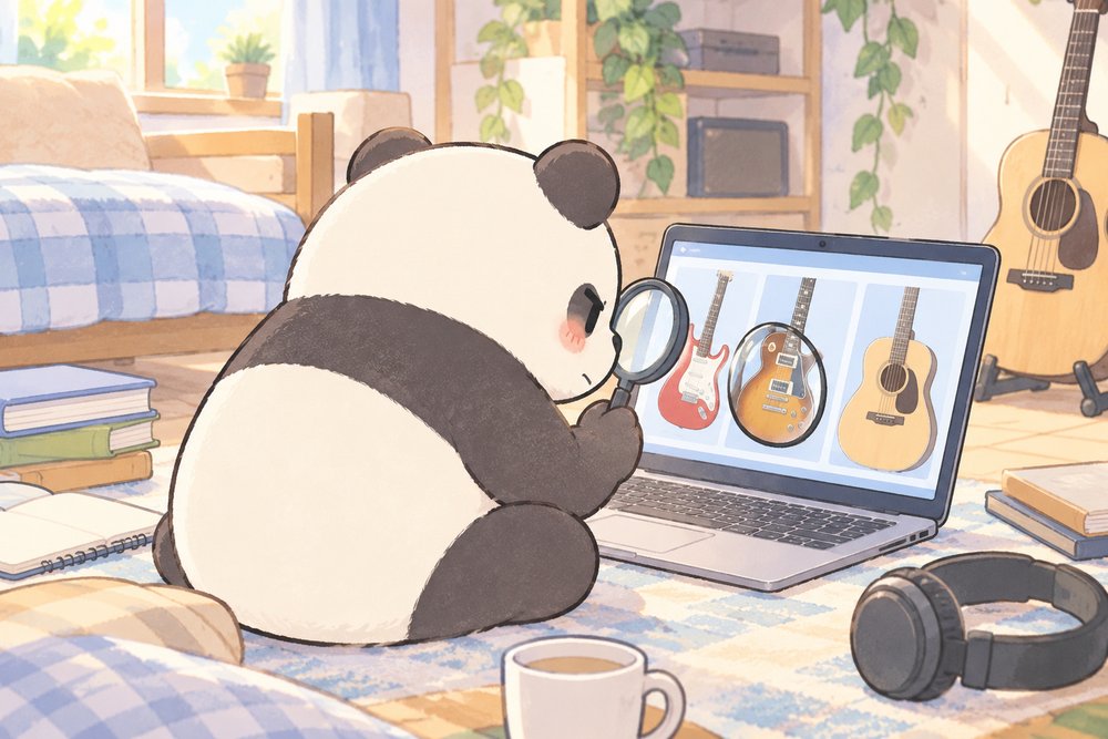 虫めがねでネットのギターを見比べるパンダのナビ助