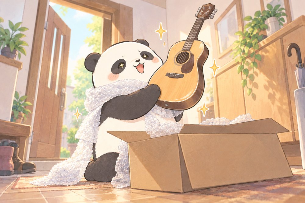 届いたギターを確かめるパンダのナビ助