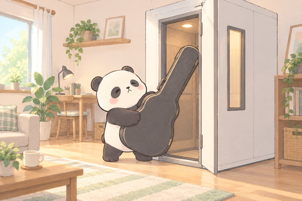 ギターケースがドアにつかえて首をかしげるパンダのナビ助
