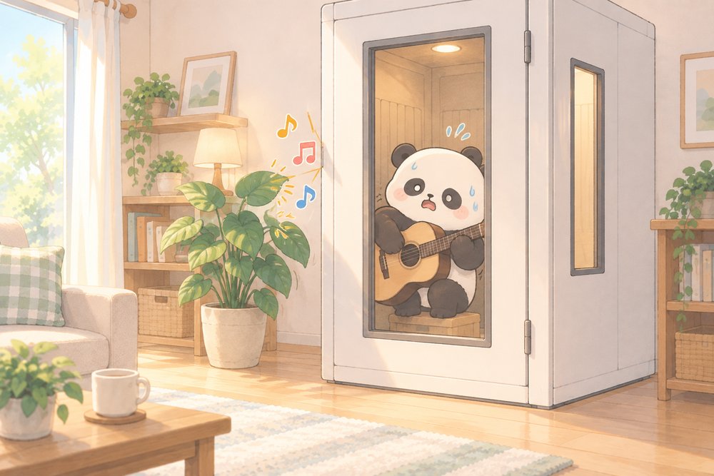防音ブースの中であせってギターをひくパンダのナビ助