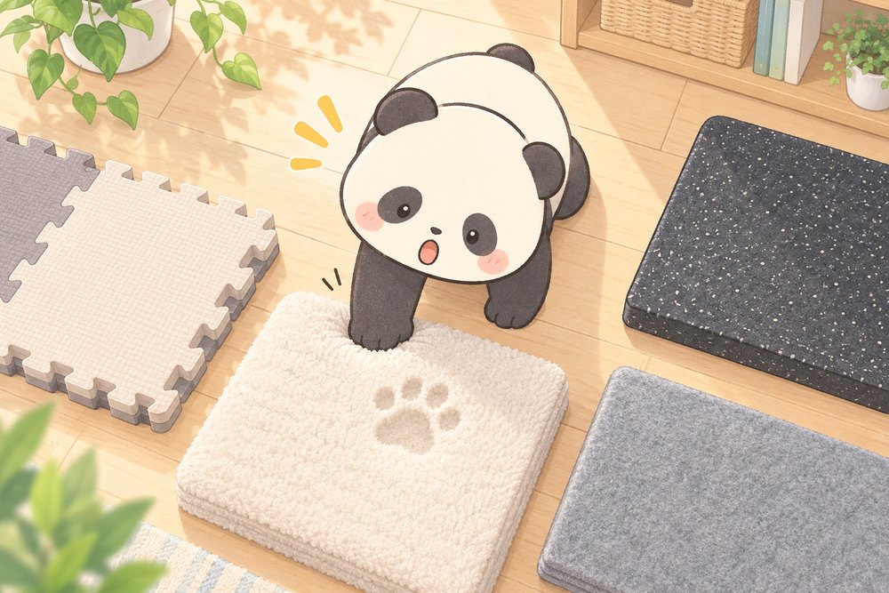 防音マットのサンプルを押して厚みを比べるパンダのナビ助