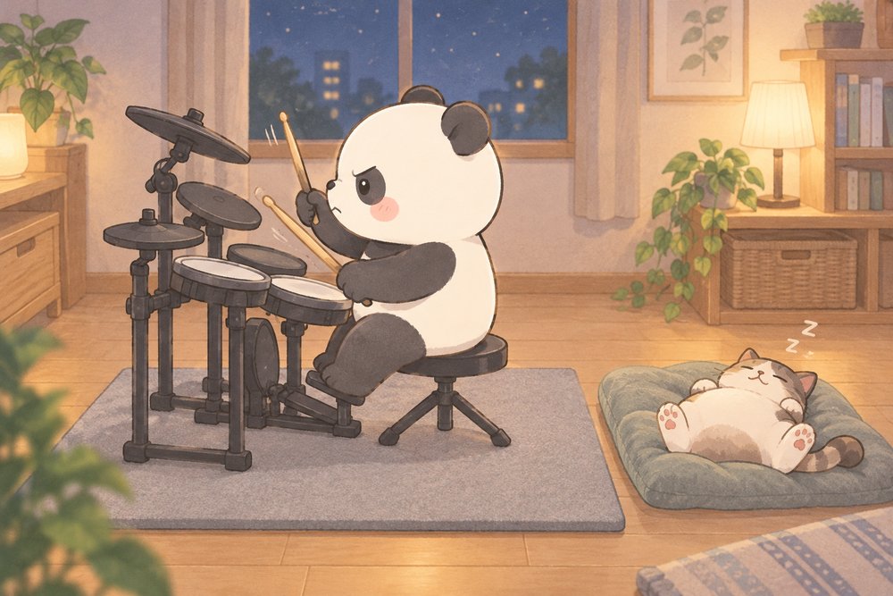 防音マットの上で電子ドラムをたたくパンダのナビ助