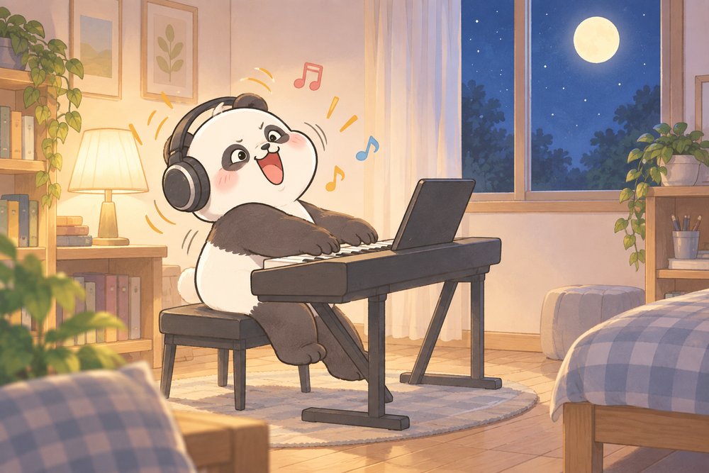 夜にヘッドホンで電子ピアノをノリノリで弾くパンダのナビ助