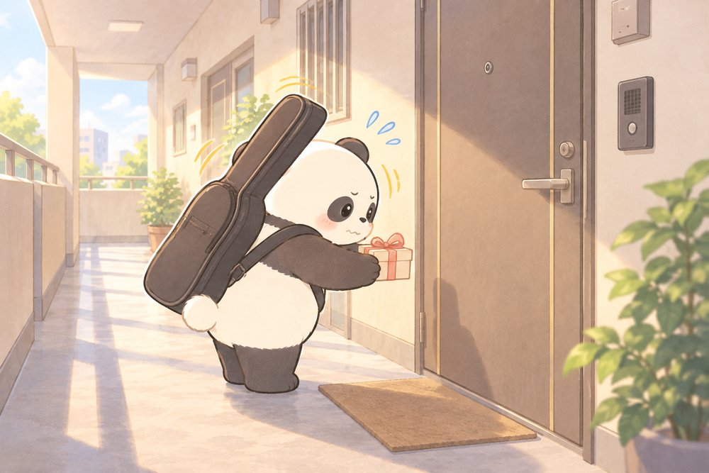 となりの部屋にあいさつの菓子折りを持っていくパンダのナビ助
