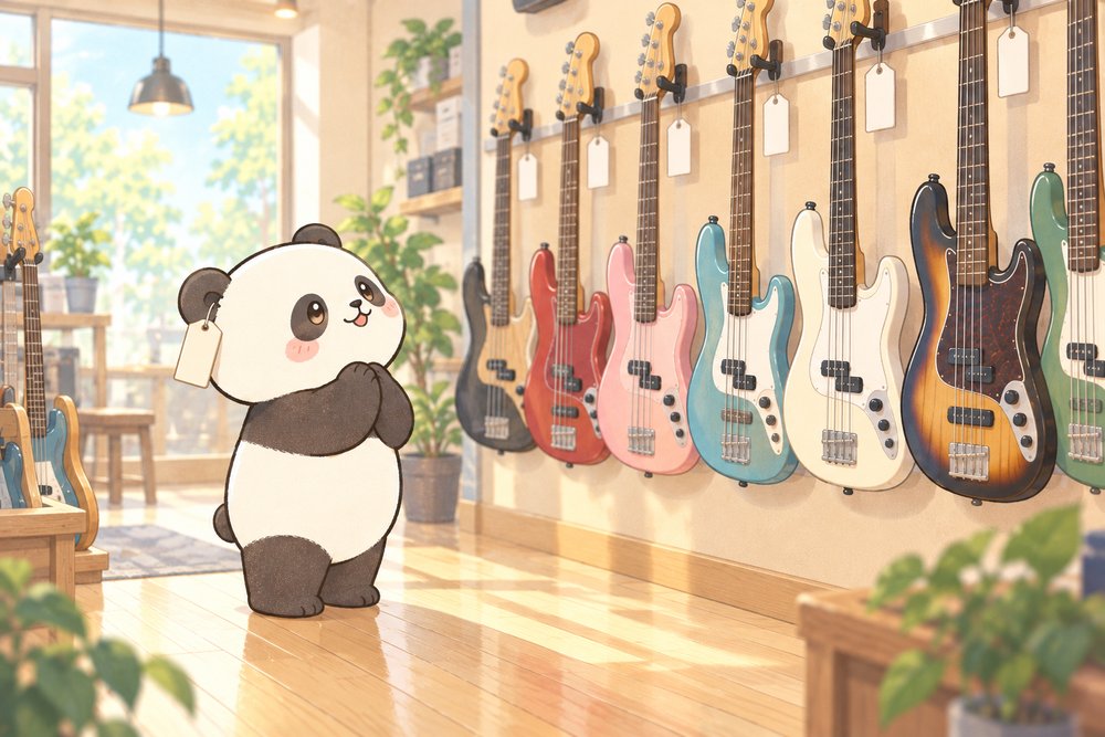 楽器屋で最初のベースを選ぶパンダのナビ助
