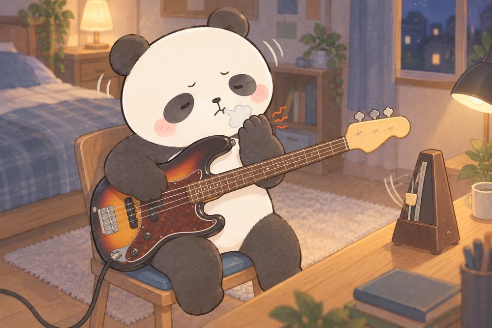 メトロノームに合わせてベースを練習するパンダのナビ助