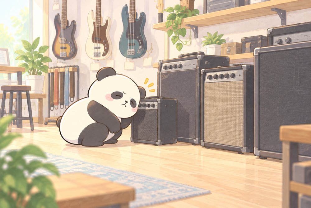 小さなアンプに耳をくっつけるパンダのナビ助