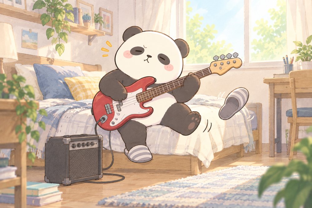 ノリノリでベースを弾いてスリッパが飛ぶパンダのナビ助