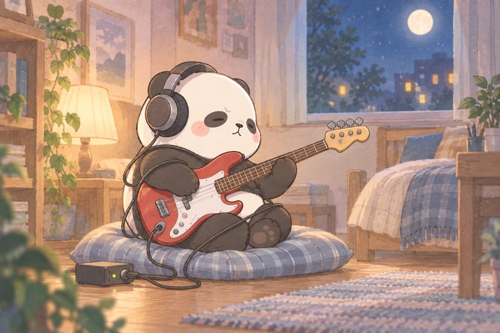 ヘッドホンで夜にベースを練習するパンダのナビ助