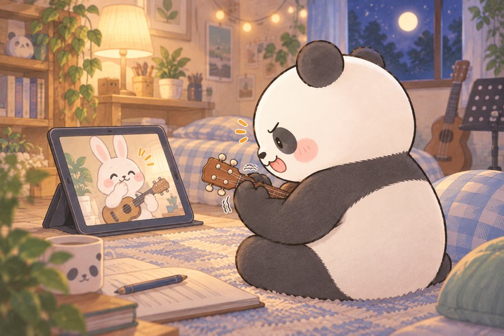 タブレットのお手本動画でコードを練習するパンダのナビ助
